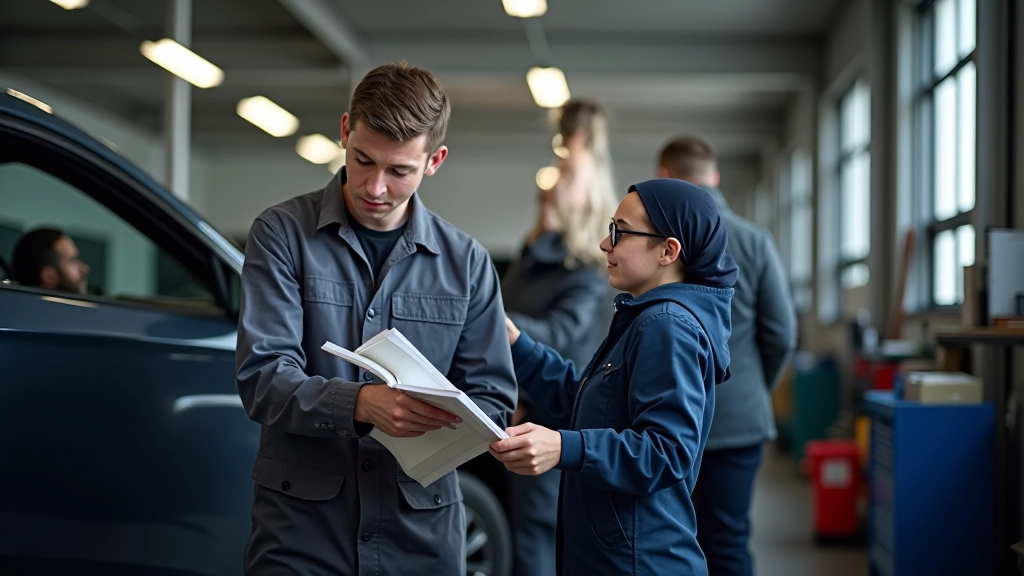 Automechanikas tikrina automobilio padangą naudodamas matavimo prietaisą, šviesi serviso dirbtuvė