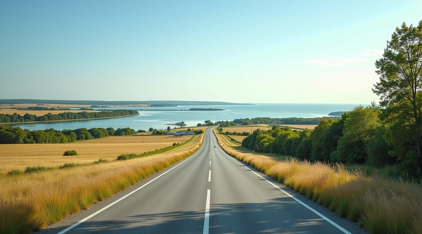 Automobilinis kelionės vaizdasSummer road trip landscape with scenic Baltic coast views and comfortable driving conditions