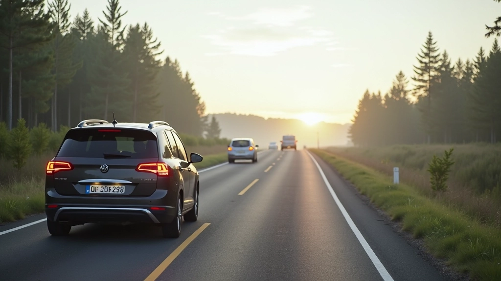 Automobilis važiuojantis kelyje su kalnais fone ir mėlyna dangumi