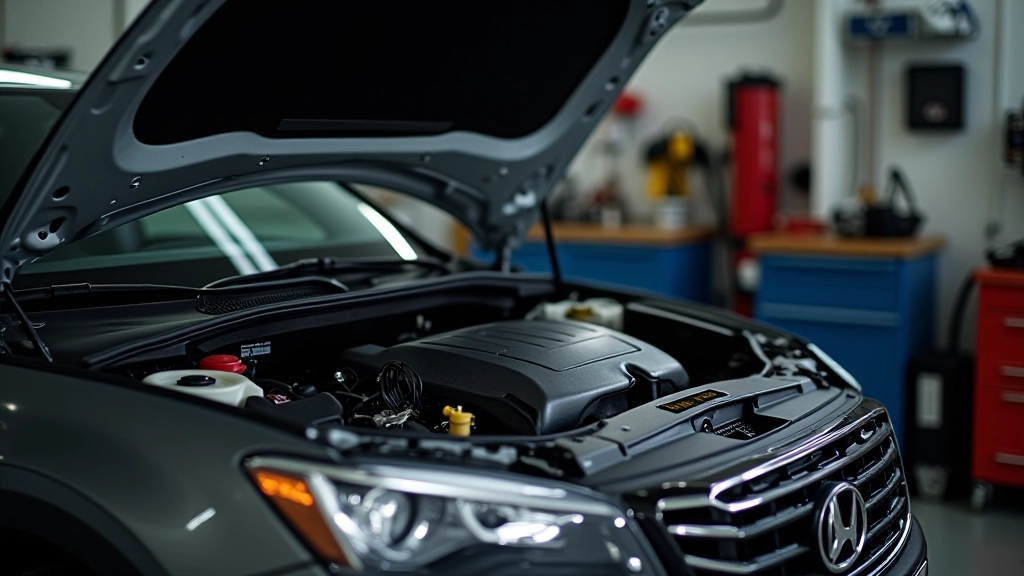 Automobilio variklis su atidaryta kapo ir techniniais įrankiais šalia