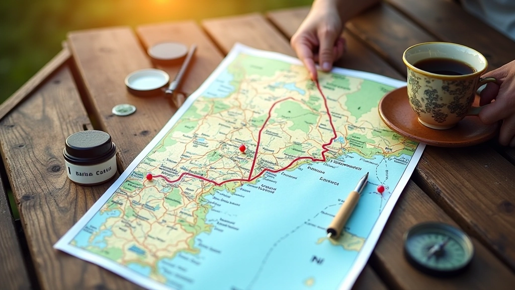 Kelionės žemėlapis ant stalo su šviesiniu žymekliais ir kavos puoduku, planuojant maršrutą